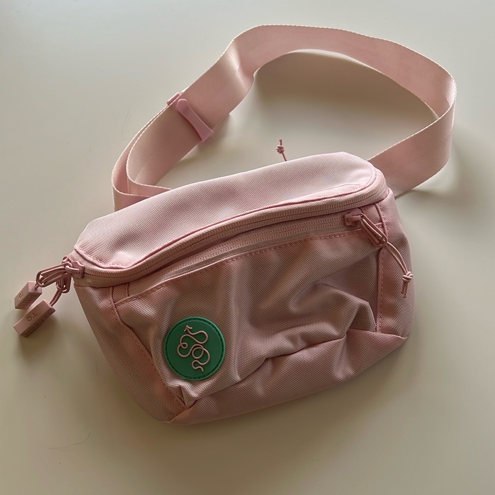 Baboon to the Moon Fanny Pack in Light Pink with Teal Tiger and Banana interior